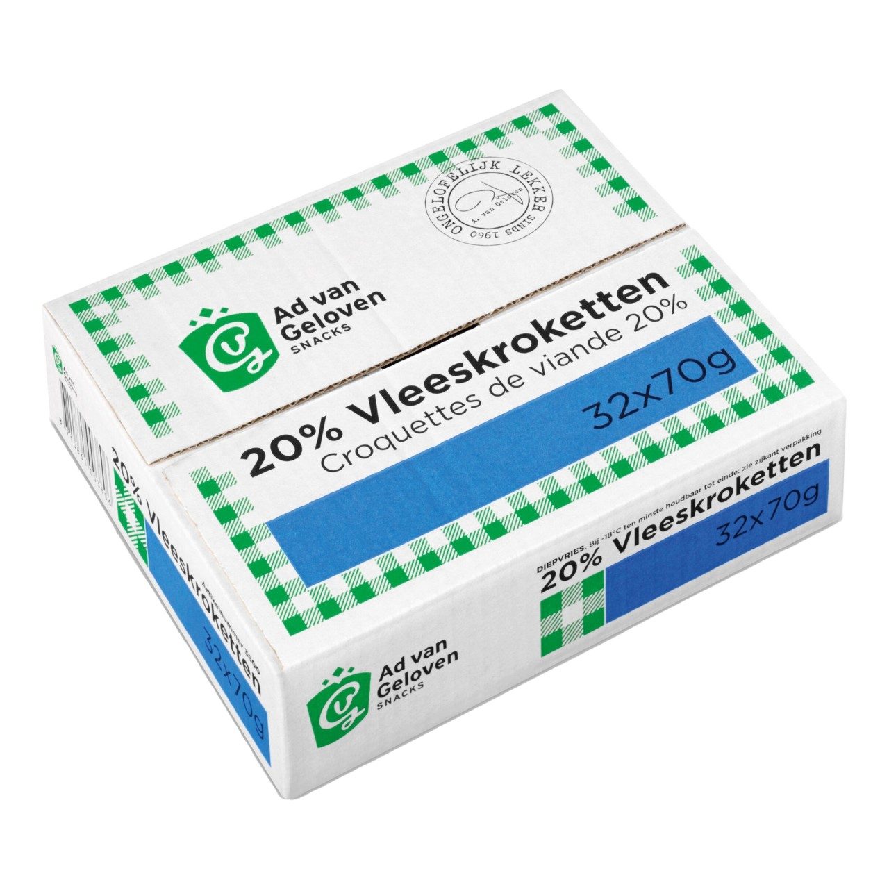 Ad van Geloven - Vleeskroketten 20% vlees - 32 pieces à 70 gram - The Dutch Snackshop
